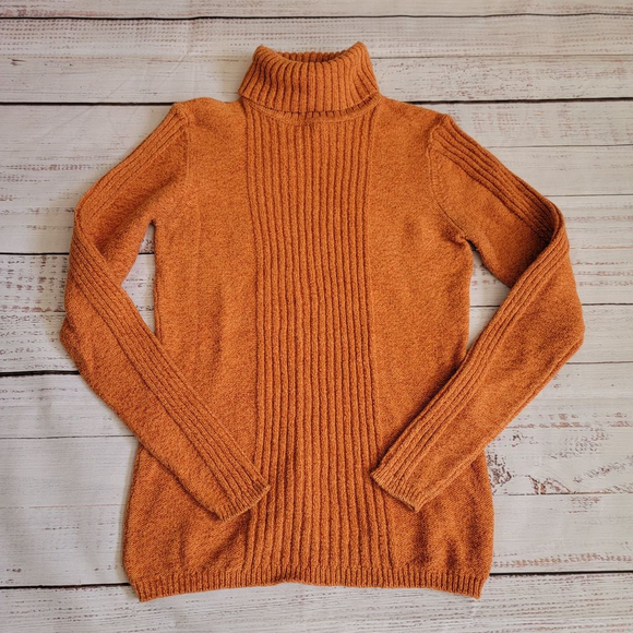 Sundance Sweaters - Sundance Heathered Orange Ribbed Cotton Blend Turtleneck Long Sleeve Sweater